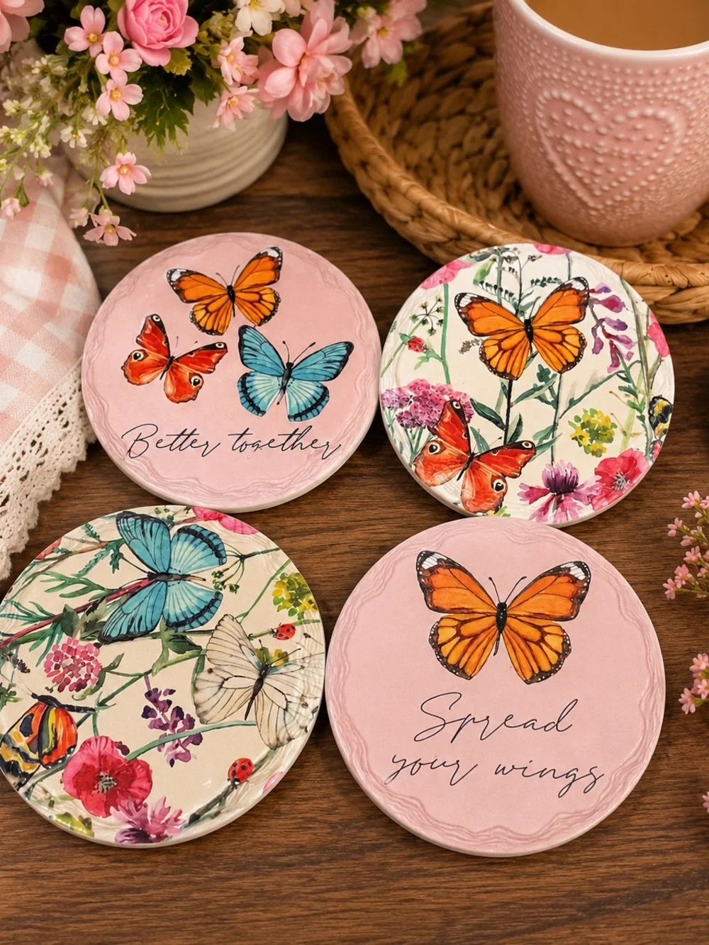 Source Unknown Pink & Orange Butterfly Ceramic Coaster Set - 4 Piece